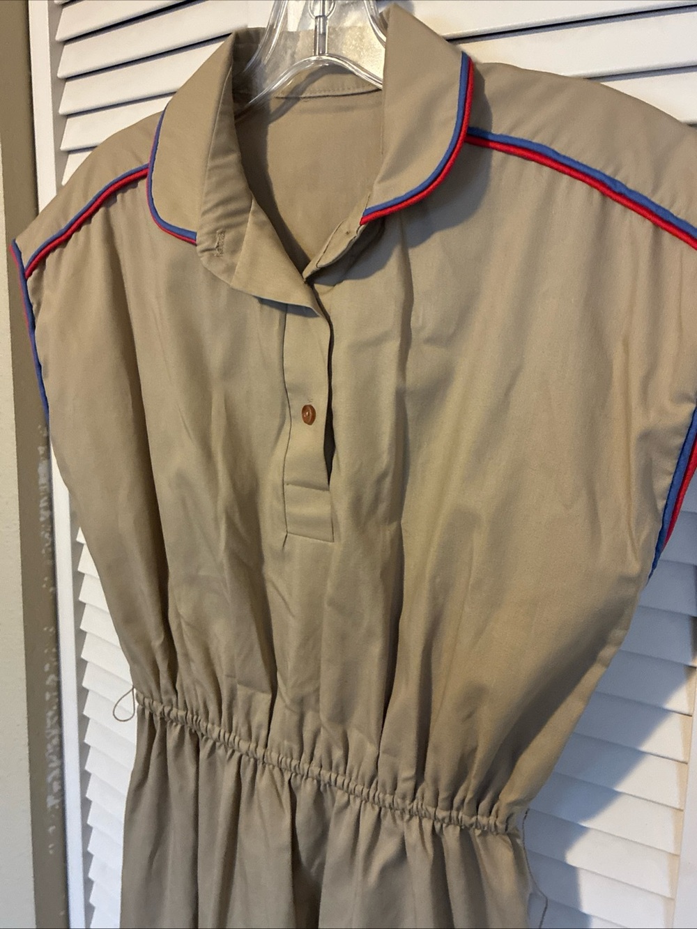 Vintage 70s Romper House Dress Beige with Red/Blue Piping Camp Western L (10-12) - Picture 3 of 7